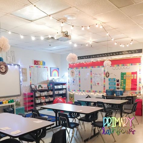 💡 Stayed late last night at work hanging string lights. Is there such a thing as too many classroom string lights? I normally keep the top… Preschool Classroom Themes, Special Education Classroom Setup, Classroom Ceiling, Classroom Prep, Classroom Decor Middle, String Lighting, Classroom Decor High School, Teacher Board, Hanging String Lights