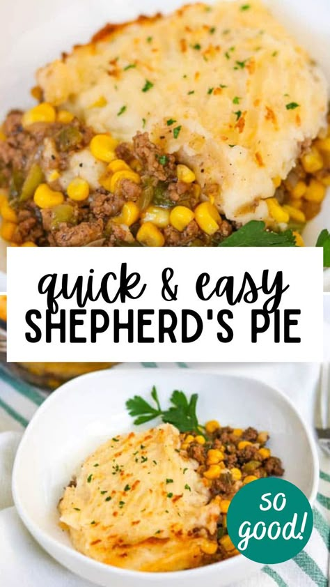 This easy Shepherd’s Pie recipe is made of ground beef, veggies, and corn in a delicious gravy topped with mashed potatoes that after cooking become slightly crisp when broiled. It makes for an easy weeknight dinner or family meal! Shepards Pie Easy, Sheppards Pie Recipe, Shepards Pie Recipe, Easy Weeknight Dinners Healthy, Easy Shepherds Pie, Savory Pies Recipes, Meat And Potatoes, Instant Potatoes, Shepherds Pie Recipe