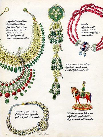 Drawing by E. Lindner of Cartier jewels, 1938, described as Indian pendant of pearl and emerald tassels made into a clip by Jeanne Toussaint; ruby & emerald necklace by Coco Chanel; and Hindu chessman of gold, enamel and diamonds Cartier Fine Jewelry Pendant Necklace, Mughal Jewelry Sketches, Cartier Tassel Necklace, Antique Cartier Jewelry For Gifts, Jeanne Toussaint, Indian Pendant, Cartier 1895 Necklace, Fashion Institute Of Technology, Jewelry Rendering