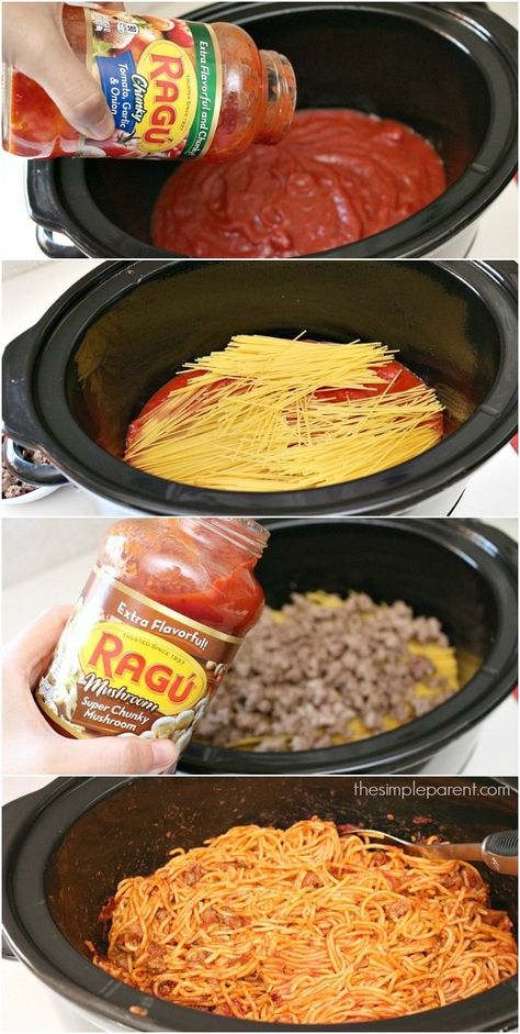 Easy Supper Ideas Crock Pots, Easy Cheap Dinners For Family Crock Pots, Easy Crockpot Meals With Ground Beef Slow Cooker, Crockpot Spaghetti Recipes Easy, Crockpot Meal Hamburger Meat, Crockpot Uncooked Pasta Recipes, Super Simple Crockpot Recipes, Ground Meat In Crockpot, Crock Pot Speggetti