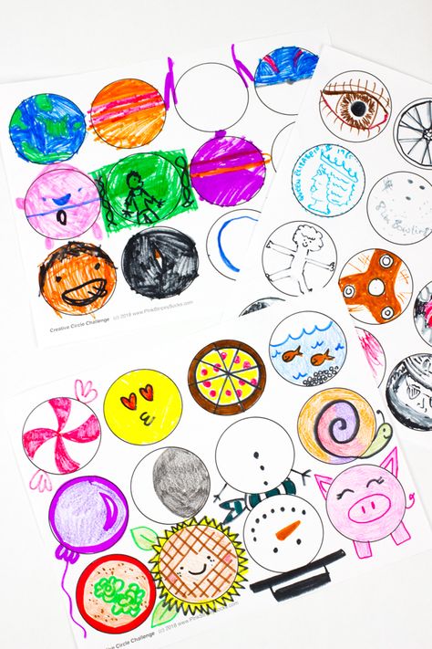 Creative Circle Art Challenge- Such a fun activity to try with kids! Circle Creativity Challenge, Circle Ideas Drawing, 30 Circle Challenge Art, 12 Circles Challenge, Circle Drawing Challenge, Circle Design For Project, Circle Art Projects, Circle Drawings, Mindset Monday