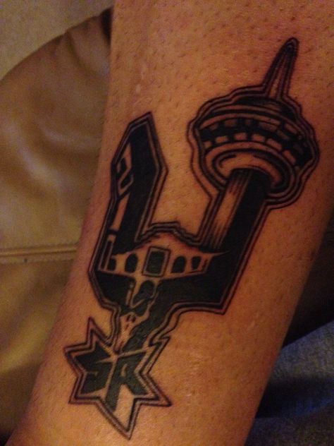 San Antonio Spurs tattoo. With the area code, tower, The Alamo. The Alamo Tattoo, San Antonio Skyline Tattoo, San Antonio Spurs Tattoo, San Antonio Tattoo Ideas, Alamo Tattoo, Spurs Tattoo, San Antonio Tattoo, Sa Tattoos, San Antonio Skyline