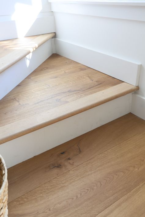 Upstairs Wood Flooring, Wooden Floor Stairs, Staircase Flooring Ideas, Natural Wood Stairs, Wood Flooring Stairs, Staircase Flooring, Rustic Wood Floor, Stairs Flooring, Tile To Wood Transition