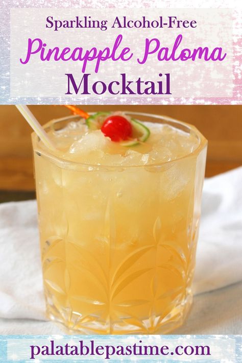 Sparkling Pineapple Paloma Mocktail is a non-alcoholic play on the classic Paloma cocktail which is flavored with lime and grapefruit soda. Non Alcoholic Pineapple Drinks, Pineapple Mocktail Recipe, Pineapple Mocktail Non Alcoholic, Mocktails Pineapple, Pineapple Paloma, Pineapple Mocktails, Giggle Water, Making Drinks, Cooked Pineapple