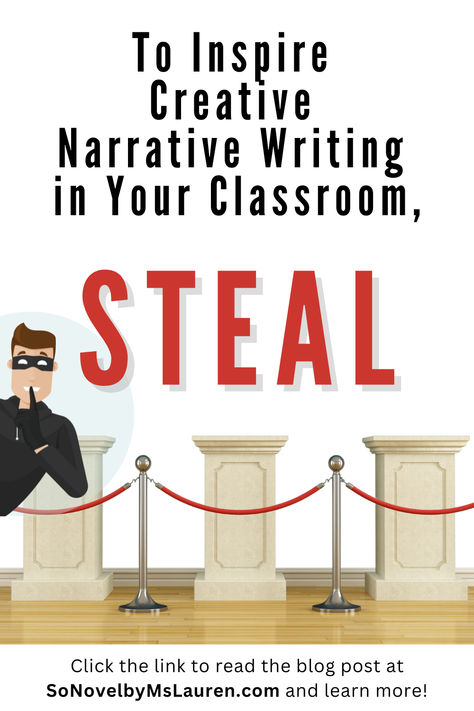 An illustration of a thief making a "shush" noise near empty displays in a museum. Narrative Writing Middle School, Creative Writing Activities, Middle School Writing, Writers Notebook, Ela Classroom, Story Starters, Narrative Writing, Middle School Classroom, Middle School Student