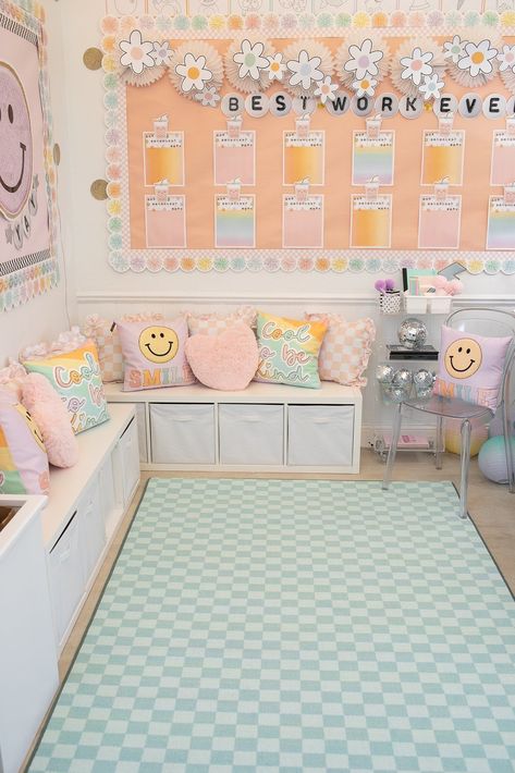 Pastel Smiley Face Classroom, Smiley Face Classroom Theme, Pastel Classroom Theme, Preppy Classroom, Pink Classroom, Pastel Classroom Decor, Classroom Rugs, Pastel Classroom, Teaching Classroom Decor