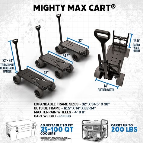 Patented, Powerful, & Portable:With over 65,000 Mighty Max Carts in service in over 20 countries, we have made our mark on the cart, caddy, dolly and trolley world. 97% Polypropylene material and powerful flex design sets our carts above all other metal, aluminum, and canvas carts. The Mighty Max is built to last for decades, and transforms into many different carts and dolly configurations. Made 100% in The USA, and has been awarded two USA patents, Design and Utility Patents. Unlike metal and Camping Cart, Fishing Cart, Moving Dolly, Accessoires 4x4, Dump Cart, Trolley Dolly, Trailer Dolly, Flex Design, Utility Wagon