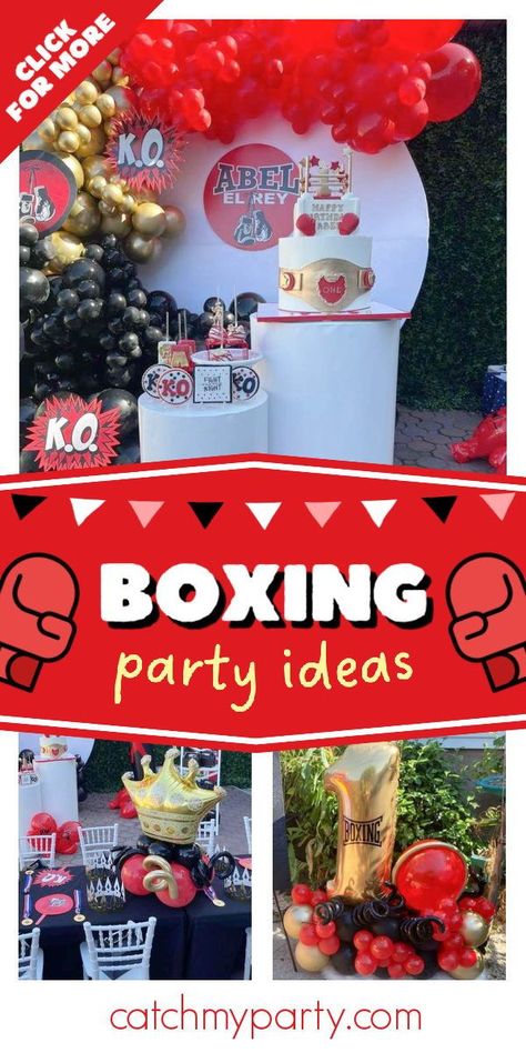 Boxing Theme Balloon Garland, Boxing Party Favors, Boxing Theme Party Ideas Decorations, Boxing Party Theme, Round 1 Boxing Birthday Party, Boxing 1st Birthday Theme, Round One Boxing Birthday Party, Boxing Party Ideas, Boxing Cake Ideas