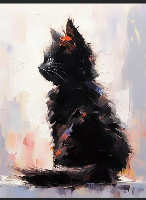 Acrylic Painting Ideas Cat, Cat Painting Acrylic, Black Mainecoon Cat, Black Cat Acrylic Painting, Black Cat Digital Art, Colorful Cat Painting Acrylic, Cat Portraits Painting Acrylics, Impressionism Cat Painting, Kittens Vintage