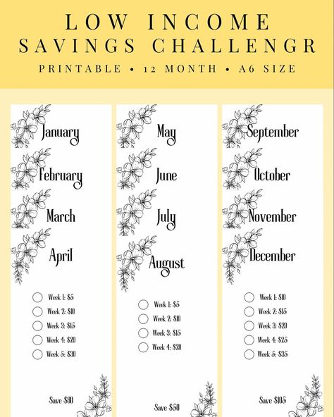 Start small, with our 12-month Low Income Savings Challenge. Track your progress and watch your savings grow, one checkbox at a time. Together, we’re making financial dreams achievable, one month at a time. #savingschallenge #financialfreedom #budgetingbasics #moneygoals #savewithpurpose #etsyseller #lowincomesavingschallenge #bindersavingchallange #like #follow #share #smallbusiness #etsyshop #flowers #yellow Small Savings Challenge Biweekly, Low Income Savings Challenge, Savings Challenge Monthly, Monthly Savings Challenge, Budget Challenge, Organizing Life, Track Your Progress, Monthly Savings, Saving Money Budget