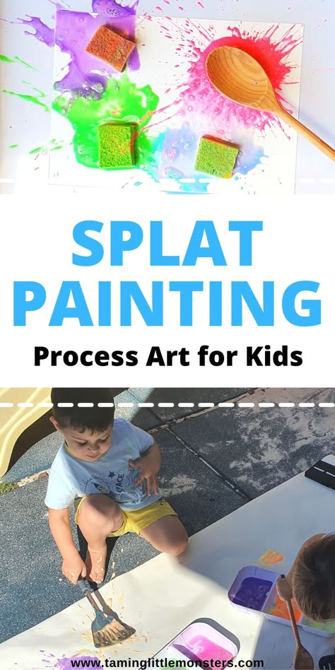 Splat Painting – Process Art Activity for Kids. Toddlers and preschoolers will love this art activity. It's also a great way to get some extra energy out. #processart #artsandcrafts #toddlers #preschoolers May Art Projects For Kids Preschool, Dropper Art Preschool, Painting Eyfs Activities, Messy Sensory Play For Preschoolers, September Process Art Preschool, End Of Summer Projects For Toddlers, Toddler Process Art Summer, Sensory Art For Preschoolers, Painting With Preschoolers Ideas