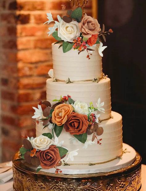 Terracotta And Khaki Wedding, Bohemian Wedding Cake Boho Chic, Rustic Burnt Orange Wedding Cake, Sage Green And Burnt Orange Wedding Cake, Terracotta Wedding Cake Ideas, Terracotta And Navy Wedding Cake, Terracotta And Sage Wedding Cake, Wedding Cake Terracotta Flowers, Wedding Cakes Fall Colors