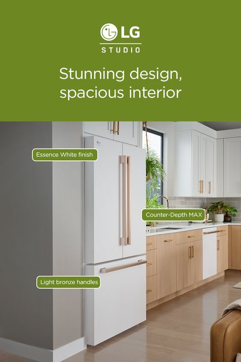 Expressing yourself is all in the details. That’s why LG STUDIO’s unique appliances fit your aesthetic down to the door handles. Just look the LG STUDIO Counter-Depth MAX French Door Refrigerators—the large capacity refrigerator aligns seamlessly to your cabinets for a counter-depth design. You can also choose between a Stainless Steel and Essence White Finish with handles to match. Ready to your redesign your kitchen? Let your vibe shine with LG STUDIO’s elevated kitchen appliances. Lg Studio Appliances, Elevated Kitchen, High End Appliances, Unique Appliances, Lg Appliances, Stay Creative, Kitchen And Laundry, White Appliances, Counter Depth