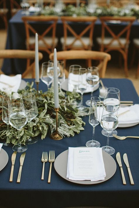 Blue And Greenery Wedding, Navy Blue Groomsmen, Navy Tablecloth, Blue Groomsmen Suits, Navy Blue Wedding Theme, Blue Groomsmen, Greenery Wedding Centerpieces, Popular Wedding Colors, Wedding Color Ideas