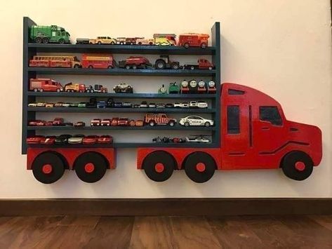 Toy Car Shelf Ideas, Big Toy Truck Storage, Boy Truck Bedroom, Truck Bedroom For Boys, Toy Truck Organization, Toddler Truck Bedroom, Cars Themed Bedroom, Toy Truck Storage Ideas, Beds With Lights