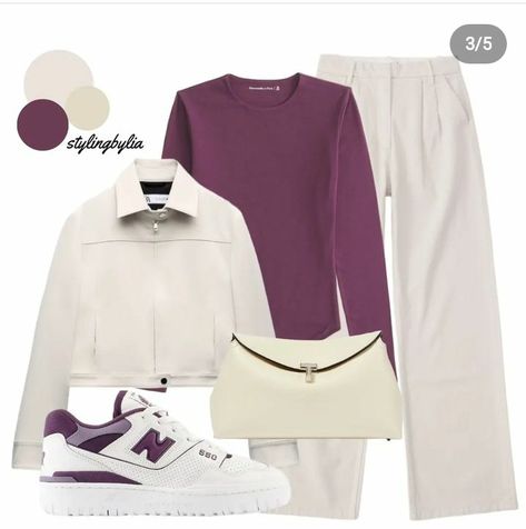 Purple And Cream Outfit, White Jacket Outfit, Purple Combination, Cream Outfit, White Winter Coat, White Trench Coat, Purple Outfit, Cream Outfits, Purple Outfits