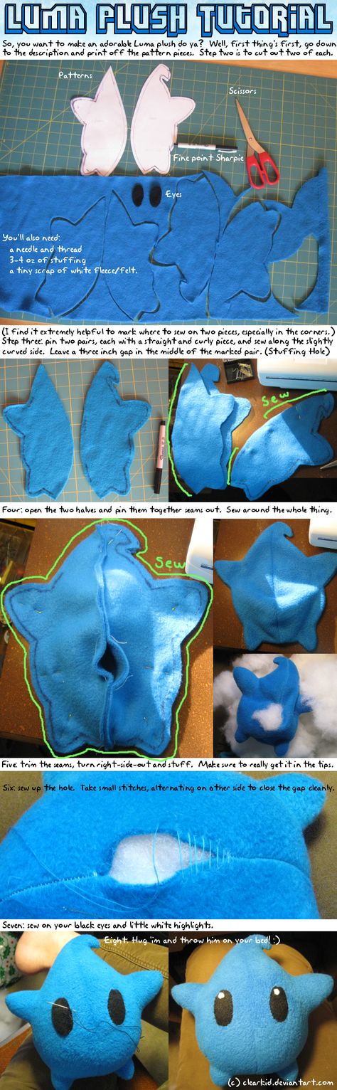 Luma Plush Tutorial by clearkid on DeviantArt Luma Plush Pattern, Fleece Plush Pattern, Luma Plush, Rosalina Costume, Plushies Diy, Trendy Sewing Projects, Cute Diy Projects, Cute Sewing Projects, Animal Sewing Patterns