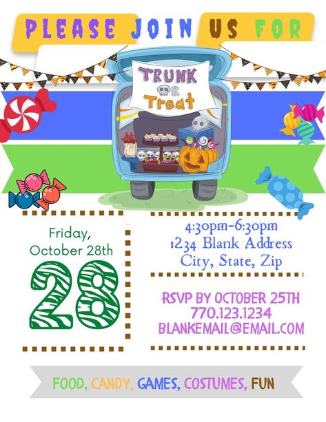 This Trunk or Treat Flyer/Invitation is perfect for personal, school, or community events. Fully customizable using CANVA. This is an Instant Download and is available to edit using CANVA within minutes. Trunk Or Treat Flyer, Invitation Examples, Trunk Or Treat, Using Canva, Creative Template, Community Events, Fall Festival, Templates Free, Flyer Template