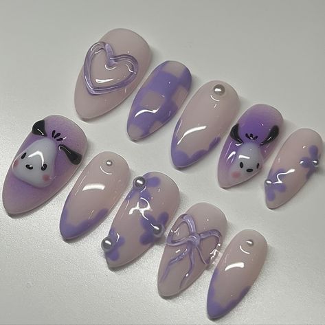 🫧 coquette pochacco in lilac ˚ʚ♡ɞ˚custom pressons˚ʚ♡ɞ˚ thinking of doing a simple freestyle~ sanrio series for each set around £45 inc shipping & prep kits, would anyone be interested? DM me 🥰🫶🏼 🏷 #nails #gelxnails #pressonnails #nailart #gelx #nailinspo #sanrionails #pochacconails #pochaccolover #pressons #londonpressonnails Purple Coquette Nails, Sanrio Nails Simple, Purple Pochacco, Nails Inspo Purple, Pochacco Nails, Purple Nails Ideas, Nail Art Cat, Nails Sanrio, Sanrio Nails