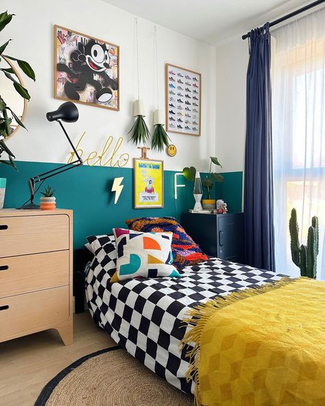 What was once the mustard playroom → Felix turned 12 the other day, so it was time to say farewell to my beloved mustard walls and he… | Instagram Retro Bedroom Design, Kid Bedrooms, Ideas Habitaciones, Boys Bedroom Makeover, Big Boy Bedrooms, Teal Paint, Big Kids Room