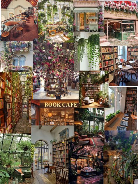 Flower Book Cafe, Flower Cafe Aesthetic, Bookstore Cafe Flower Shop, Cafe Bookstore Aesthetic, Book Shop Design, Book Cafe Aesthetic, Bookshop Aesthetic, Coffee Cafe Interior, Floral Cafe