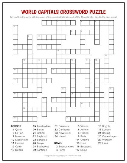 This crossword puzzle for older kids is a great way to help test their knowledge of world capitals, while making it enjoyable at the same time. Makes a perfect classroom supplement or free time activity, and adults may enjoy it as well! Crossword Puzzles For Adults, Kids Crossword Puzzles, Free Printable Crossword Puzzles, Empty Notebook, Printable Crossword Puzzles, Perfect Classroom, Free Printable Puzzles, Free Time Activities, Difficult Puzzles