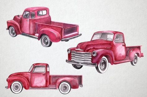 Truck Illustration, Truck Clipart, Holiday Car, Watercolor Vintage, Watercolor Architecture, Vw Vintage, Winter Tree, Watercolor Red, Clip Art Vintage