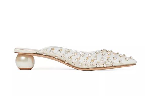 The 20 Best Pearl Wedding Shoes for Chic Brides Pearl Flats, Dream Wedding Gown, Pearl Wedding Shoes, Low Block Heel Sandal, Mule Flats, Pearl Shoes, Colored Sandals, Wedding Shoes Bride, Chic Brides