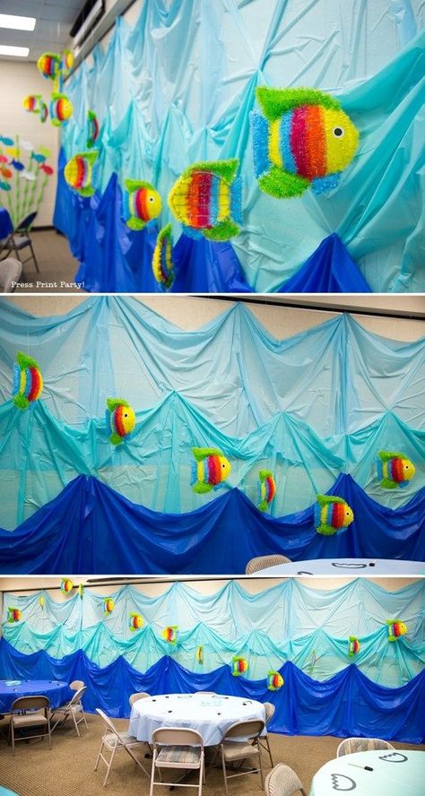 Diy Under The Sea Decorations, Ocean Commotion Vbs, Ocean Commotion, Nemo Party, Under The Sea Decorations, Ocean Theme Classroom, Paper Fish, Ocean Party, Sea Decor