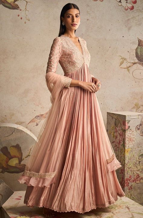 Sway dusty pink anarkali and dupatta - XL Pink Anarkali Suits, Ridhi Mehra, Pink Anarkali, Long Anarkali, Anarkali Dress Pattern, Embroidered Crop Tops, Anarkali Gown, Embroidered Dupatta, Simple Pakistani Dresses