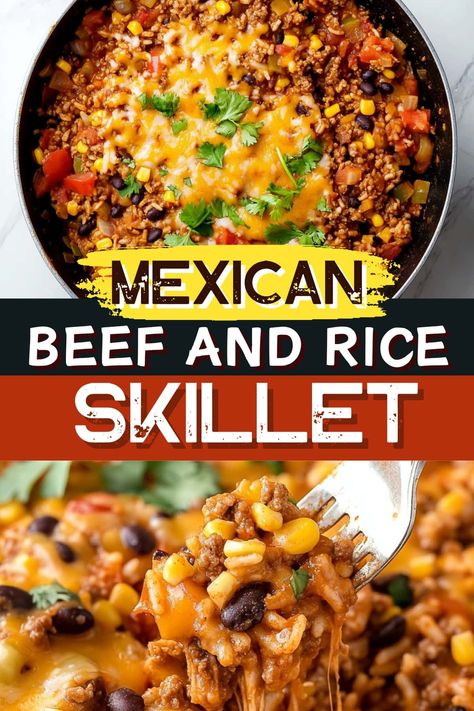 This Mexican beef and rice skillet is a hearty, satisfying meal everyone loves! With ground beef, beans, corn, tomatoes, and cheese, it's so full of flavor. Mexican Rice With Hamburger Meat, Mexican Rice Ground Beef, Spanish Rice Ground Beef, Mexican Ground Beef And Rice Recipes, Hamburger And Black Bean Recipes, Hamburger Rice Skillet, Creative Ground Beef Recipes, Ground Beef Healthy Recipes For Dinner, Healthy Meals With Ground Beef