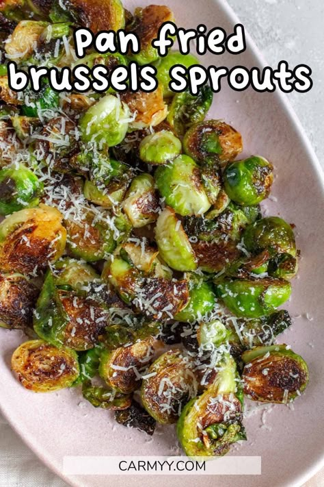 Quickly made on the stovetop, these Pan Fried Brussels Sprouts are a quick and easy side dish that is perfect for any occasion. Topped with freshly shaved parmesan, you won't be able to get enough of this sauteed brussels sprouts recipe. Brussel Sprouts In Pan, Brussel Sprouts Fried, Pan Fry Brussel Sprouts, Microwave Brussel Sprouts, Sauted Brussels Sprouts, Pan Fried Brussel Sprout Recipes, Crispy Brussel Sprouts Stovetop, Brussels Sprouts Sauteed, Frozen Brussel Sprout Recipes Stovetop