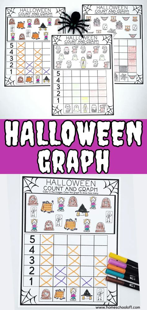 We have created 3 free Halloween graphing worksheets that young kids will love! Perfect for preschool, kindergarten, and first-grade students, these Halloween activities include coloring, counting, and graphing. These worksheets are great for practicing numbers up to 5. Enjoy math fun this October with our free printable graphing worksheets. Download at the end of the post and get ready for some spooky learning fun! Halloween Math Preschool, Halloween Math Kindergarten, Halloween Maths, Halloween Graphing, Halloween Worksheets Free, Halloween Kindergarten Activities, Halloween Activity Sheets, Halloween Math Worksheets, Halloween Counting