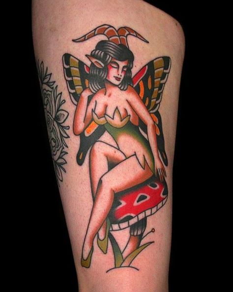 Jimmy Snaz Tattoos, Old School Fairy Tattoo, Trad Fairy Tattoo, Fairy Pinup Tattoo, Fairy Tattoo Traditional, American Traditional Fairy Tattoo, Jimmy Snaz, Traditional Fairy Tattoo, Espresso Cart