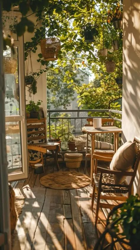 Balcony Decoration Ideas With Plants, Rustic Balcony Ideas, Cozy Garden Ideas, Rustic Balcony, Cozy Balcony Ideas, Wooden Balcony, Peaceful Living Room, Balcony Interior, Balcony Inspiration