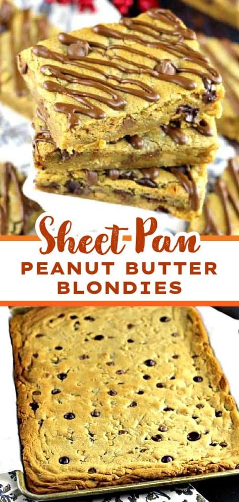 Treat yourself to the best sheet pan peanut butter chocolate chip blondies! This easy blondie recipe is perfect for creating homemade blondie bars that are soft, chewy, and packed with peanut butter and chocolate chips. Whether you're looking for simple sheet pan treats or a delicious peanut butter dessert, these blondies are sure to satisfy. Easy Blondie Recipe, Peanut Butter Desserts Easy, Blondies Recipe Easy, Peanut Butter Blondies, Blondie Bars, Blondie Recipe, Chocolate Blondies, Chocolate Chip Blondies, Peanut Butter Chocolate Chip Cookies