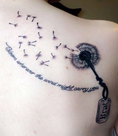 The dandelion is the national flower for military children. Military kids get moved around but set up roots wherever they end up. This tattoo is for all those military brats. Tattoo For Men On Arm, Brats Tattoo, Dandelion Tattoo, Faith Tattoo, Military Tattoos, Arrow Tattoos, Music Tattoos, Sister Tattoos, Sleeve Tattoos For Women