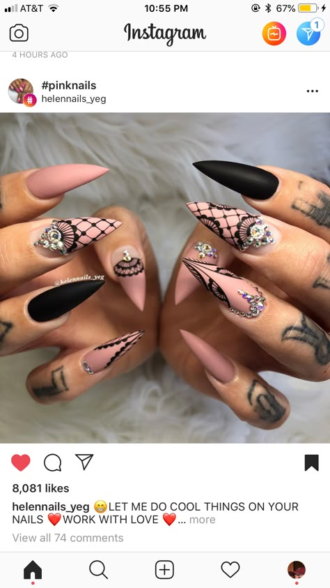 Ballerina Nail Art Design, Black Bling Nail Designs, Corset Nails Designs, Bohemian Nails Designs, Henna Nail Design, Trendy Nail Designs Unique, Burlesque Nails, Stiletto Nails Designs Classy, Lacy Nails