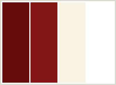 ColorCombo225 - ColorCombos.com color palettes, color schemes, color combos with hex colors codes #670A0A, #831515, #F8F2E5, #FFFFFF and color combination tags FALU RED, MAHOGANY, QUARTER SPANISH WHITE, RED, RED, WHITE, YELLOW ORANGE. Color Schemes Red, White Color Combinations, Maroon Color Palette, Colour Palate, Beige Color Scheme, Red Color Combinations, Beige Color Palette, Red Color Schemes, Red Colour Palette