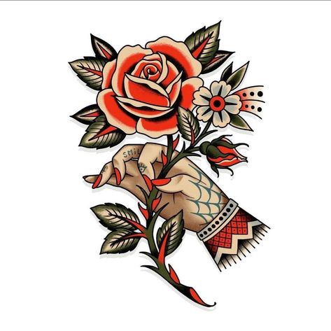 American Traditional Rose, Neo Traditional Roses, Old School Rose, Rose In Hand, Traditional Tattoo Old School, Traditional Tattoo Inspiration, Traditional Tattoo Flowers, Optical Illusion Tattoo, Old School Tattoo Designs