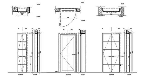 This architectural drawing is plan, elevation and section of doors of different sizes. In this drawing the plan of different types of doors are shown in detail drawing, The frame, wall door.... elevation shown are also in detail like double door single d Door Section Detail Drawing, Door Elevation Drawing, Door Detail Drawing Architecture, Door Section Detail, Door Detail Drawing, Door Frame Detail, Door Elevation, Interior Board, Wall Section Detail