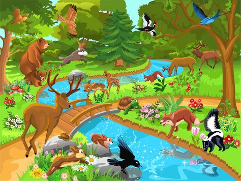 Forest animals coming to drink water. Cartoon illustration with forest animals c , #AFF, #coming, #drink, #Forest, #animals, #water #ad Forest Drawing With Animals, Forest Kids Room, भारतीय इतिहास, Forest Drawing, Easy Animal Drawings, Forest Pictures, Kids Room Wallpaper, Forest Animals, Cartoon Illustration