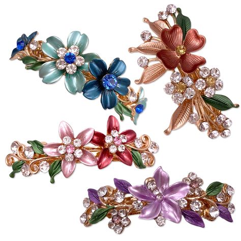 PRICES MAY VARY. SMALLER & LIGHTER: The stunning hair barrettes are now available in smaller sizes. The total length of each barrette is about 2.3in/ 6cm (vs 3.3in/ 8.5cm). And each weighs less at about 0.6oz/ 18g (vs 1oz/ 26g). It is a good option for people with fine hair or want to use the barrettes for holding hair at the side. 4 VIVID COLORS & DESIGNS: With these four colors in the shades of pink, purple, blue, and gold, there is no problem in matching with any outfits or occasions. The vib Hair Clasp, Hair Jewels, Hair Adornments, Metal Hair Clips, Hair Accessories Clips, French Barrette, Flower Hair Pin, Metallic Hair, Floral Jewellery