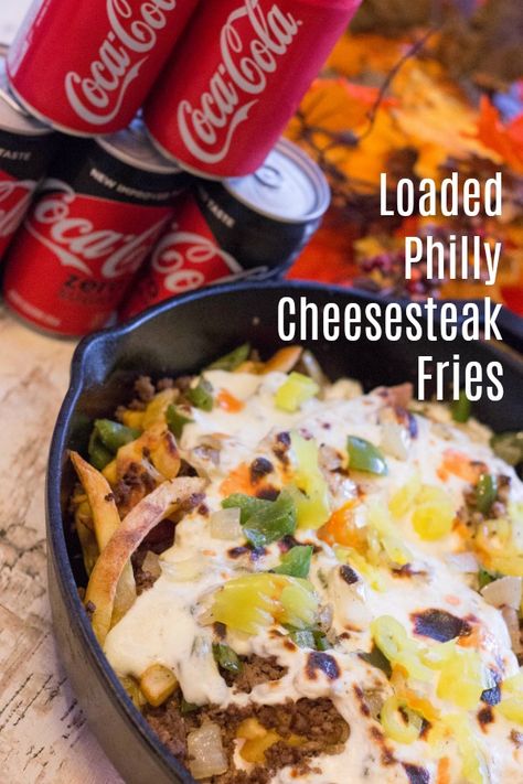 Loaded Philly Cheesesteak Fries are perfect for Game Day! Philly Cheesesteak Fries, Cheesesteak Fries, Fries Recipes, Food Ad, Cheese Steak, Philly Cheese, Food Bar, Philly Cheesesteak, Coke Zero