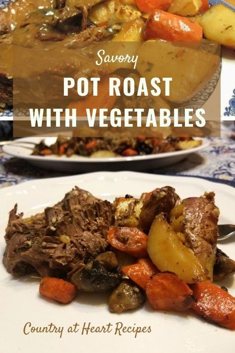 The secret to making a Savory Pot Roast with Vegetables is searing in the juices at the very beginning. Once that's done, let is simmer slowly on the stove. Then use the yummy juices to season the vegetables for roasting in the oven. So good. #savorypotroast #maindishes #comfortfood #beef #chuckroast #roastedvegetables #browngravy #countryatheartrecipes https://countryatheartrecipes.com/2014/05/savory-pot-roast-with-vegetables/ Savory Pot Roast, Pot Roast With Vegetables, Roast With Vegetables, Roast Carrots, Roasted Potatoes And Carrots, Best Pot Roast, Vegetable Appetizers, Pot Roast Recipe, Heart Recipes