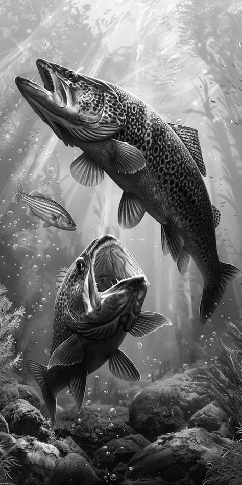 The image is in black and white. There are two fish ->> more details in ai-img-gen.com Underwater Fish Tattoo, Aquarium Drawing, Black And White Fish, Bald Eagle Art, Photos Of Fish, Swimming Fish, Underwater Images, Animals Sea, Circle Tattoos