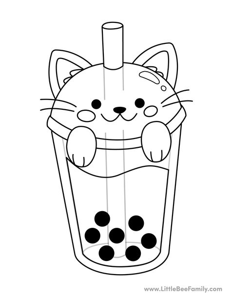 Boba Cat Coloring Page from LittleBeeFamily.com Boba Coloring Page, Cute Coloring Pages Easy, Cute Coloring Pages Free Printable, Cute Cat Coloring Pages, Printable Color Pages, Cute Coloring Pages For Kids, Coloring Template, Kawaii Cat Drawing, Cat Coloring Pages