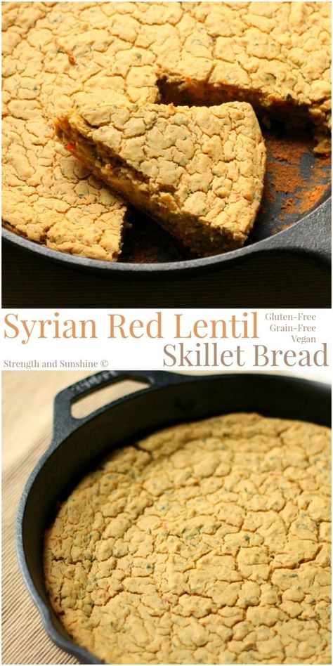 Syrian Red Lentil Skillet Bread | Strength and Sunshine @RebeccaGF666 A Syrian-inspired red lentil skillet bread, bursting with flavorful spices, herbs, and roasted red pepper. Gluten-free, grain-free, and vegan, this easy lentil skillet bread will wow your guests and make dinner memorable. Lentil Bread, Lentil Salad Recipes, Skillet Bread, Syrian Food, Kid Recipes, Lentil Dishes, Vegan Bread, Roasted Red Pepper, Gluten Free Grains