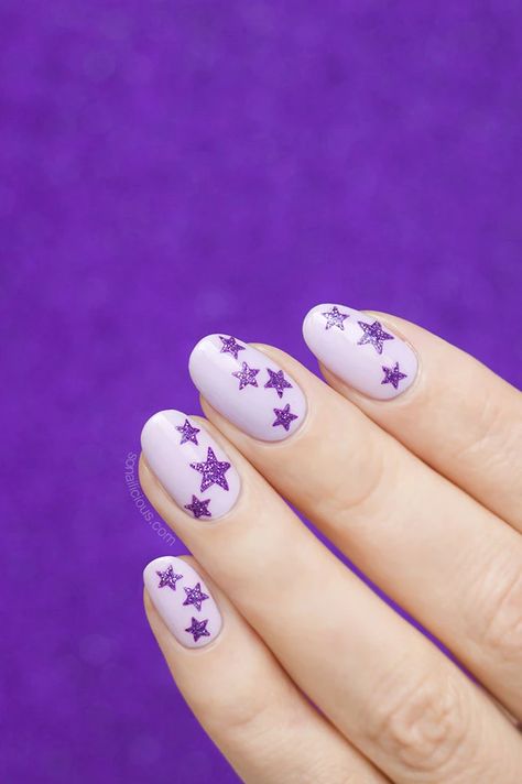 Purple Star Tattoo, Olivia Rodrigo Inspired Nails, Star Nails Purple, Purple Nails With Stars, Purple Star Nails, Fancy Manicure, Nails Star, Taylor Swift Nails, Stars Nails