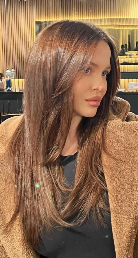 Global Hair Color, Reddish Brown Hair Color, Micro Bangs, Natural Brown Hair, Warm Brown Hair, Brown Straight Hair, Rambut Brunette, Reddish Brown Hair, Red Brown Hair